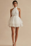 Halter A Line Tulle White Mini Dress