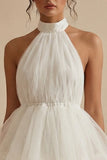 Halter A Line Tulle White Mini Dress