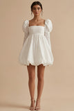 White A Line Square Neck Puff Long Sleeve Graduation Dress