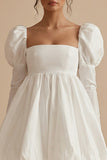 White A Line Square Neck Puff Long Sleeve Graduation Dress