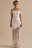 Sparkly White Cold Shoulder Sheath Sequin Long Engagement Dress