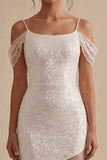 Sparkly White Cold Shoulder Sheath Sequin Long Engagement Dress