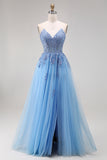 Blue A Line Strapless Appliqued Tulle Prom Dress with Slit