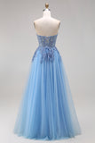 Blue A Line Strapless Appliqued Tulle Prom Dress with Slit