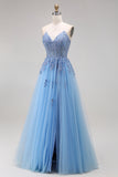 Blue A Line Strapless Appliqued Tulle Prom Dress with Slit