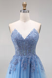 Blue A Line Strapless Appliqued Tulle Prom Dress with Slit