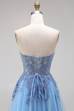 Blue A Line Strapless Appliqued Tulle Prom Dress with Slit