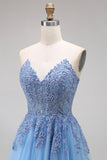 Blue A Line Strapless Appliqued Tulle Prom Dress with Slit
