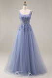 Dusty Lavender Square Neck A Line Tulle Long Prom Dress with Appliques