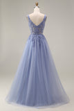 Dusty Lavender Square Neck A Line Tulle Long Prom Dress with Appliques