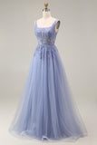 Dusty Lavender Square Neck A Line Tulle Long Prom Dress with Appliques