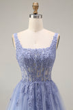 Dusty Lavender Square Neck A Line Tulle Long Prom Dress with Appliques