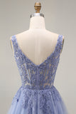 Dusty Lavender Square Neck A Line Tulle Long Prom Dress with Appliques