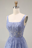 Dusty Lavender Square Neck A Line Tulle Long Prom Dress with Appliques