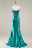 Peacock Mermaid Beaded Satin Appliqued Strapless Long Prom Dress with Slit
