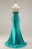 Peacock Mermaid Beaded Satin Appliqued Strapless Long Prom Dress with Slit