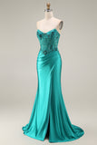 Peacock Mermaid Beaded Satin Appliqued Strapless Long Prom Dress with Slit