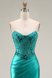 Peacock Mermaid Beaded Satin Appliqued Strapless Long Prom Dress with Slit