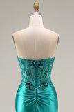 Peacock Mermaid Beaded Satin Appliqued Strapless Long Prom Dress with Slit