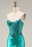 Peacock Mermaid Beaded Satin Appliqued Strapless Long Prom Dress with Slit