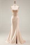 Champagne Strapless Corset Appliqued Satin Mermaid Prom Dress with Slit