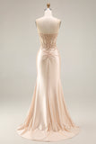 Champagne Strapless Corset Appliqued Satin Mermaid Prom Dress with Slit