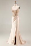 Champagne Strapless Corset Appliqued Satin Mermaid Prom Dress with Slit