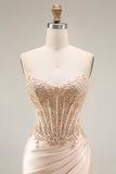 Champagne Strapless Corset Appliqued Satin Mermaid Prom Dress with Slit
