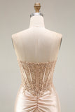 Champagne Strapless Corset Appliqued Satin Mermaid Prom Dress with Slit