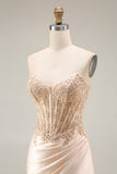 Champagne Strapless Corset Appliqued Satin Mermaid Prom Dress with Slit