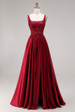 Burgundy Sequin Appliqued Square Neck A Line Prom Dress with Slit