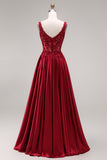 Burgundy Sequin Appliqued Square Neck A Line Prom Dress with Slit