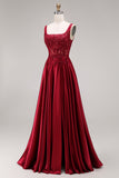 Burgundy Sequin Appliqued Square Neck A Line Prom Dress with Slit