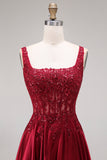 Burgundy Sequin Appliqued Square Neck A Line Prom Dress with Slit