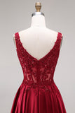 Burgundy Sequin Appliqued Square Neck A Line Prom Dress with Slit