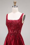 Burgundy Sequin Appliqued Square Neck A Line Prom Dress with Slit