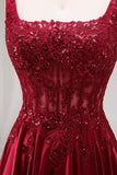 Burgundy Sequin Appliqued Square Neck A Line Prom Dress with Slit