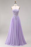 Strapless Lilac A Line Beaded Long Prom Dress with Appliques