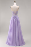 Strapless Lilac A Line Beaded Long Prom Dress with Appliques