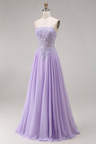 Strapless Lilac A Line Beaded Long Prom Dress with Appliques