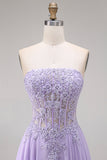 Strapless Lilac A Line Beaded Long Prom Dress with Appliques