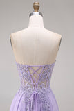 Strapless Lilac A Line Beaded Long Prom Dress with Appliques