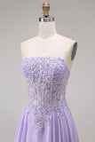 Strapless Lilac A Line Beaded Long Prom Dress with Appliques