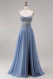 Blue Spaghetti Straps A Line Appliqued Prom Dress with Slit