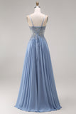 Blue Spaghetti Straps A Line Appliqued Prom Dress with Slit