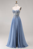Blue Spaghetti Straps A Line Appliqued Prom Dress with Slit