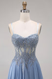 Blue Spaghetti Straps A Line Appliqued Prom Dress with Slit