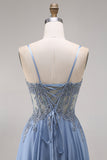 Blue Spaghetti Straps A Line Appliqued Prom Dress with Slit