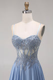 Blue Spaghetti Straps A Line Appliqued Prom Dress with Slit