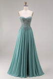 Eucalyptus Appliqued Corset Sweetheart A Line Long Prom Dress with Slit